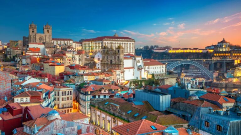 Rooftops of Porto's historic centre at sunset