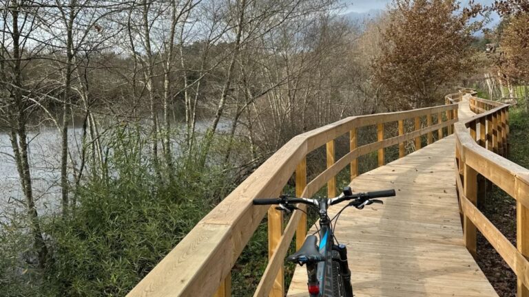 Cycling on a wooden boardwalk along the river